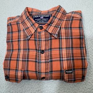 Vintage Polo Ralph Lauren Shirt Men Large Orange Sportsman Flannel Sport Plaid